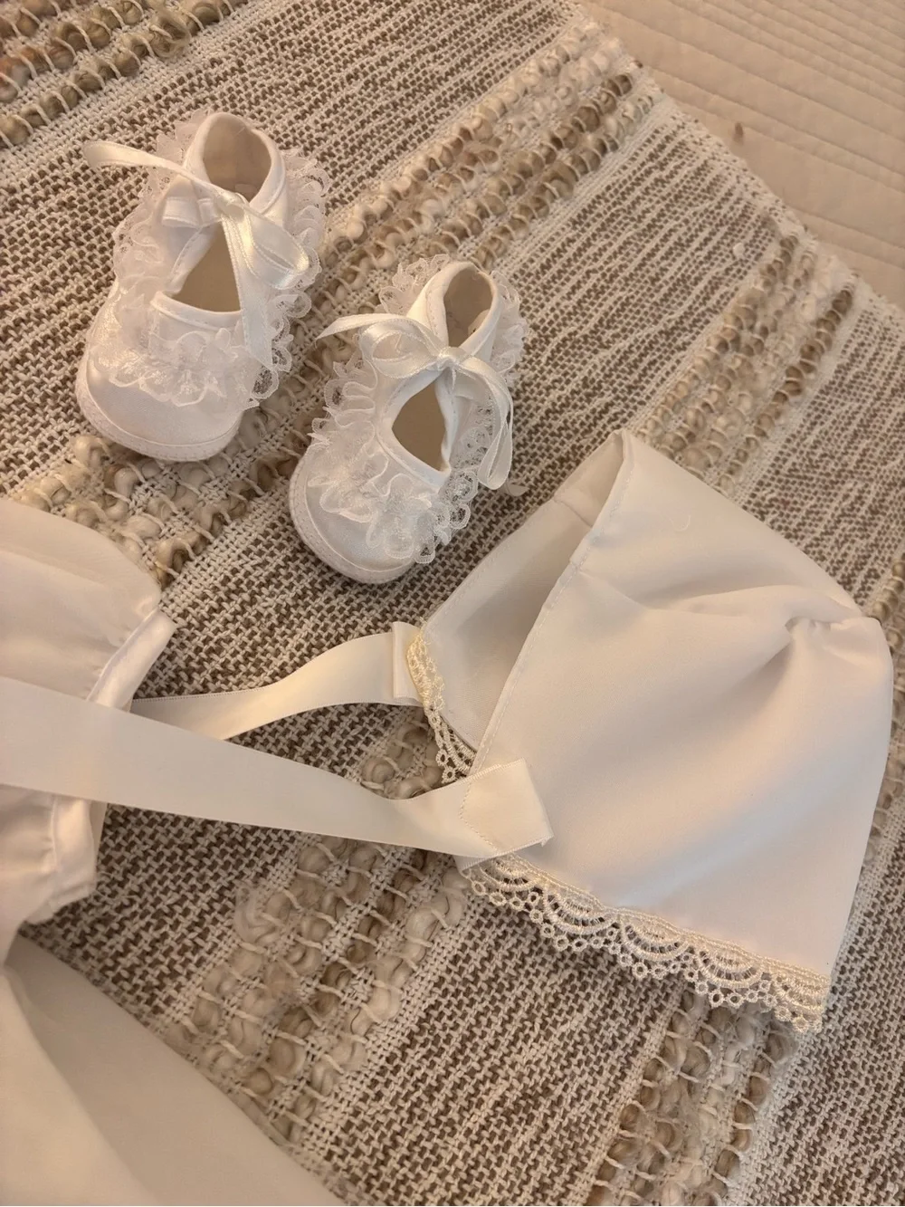 White Lace-Trim Baby Baptism Dress with Bonnet and Shoes